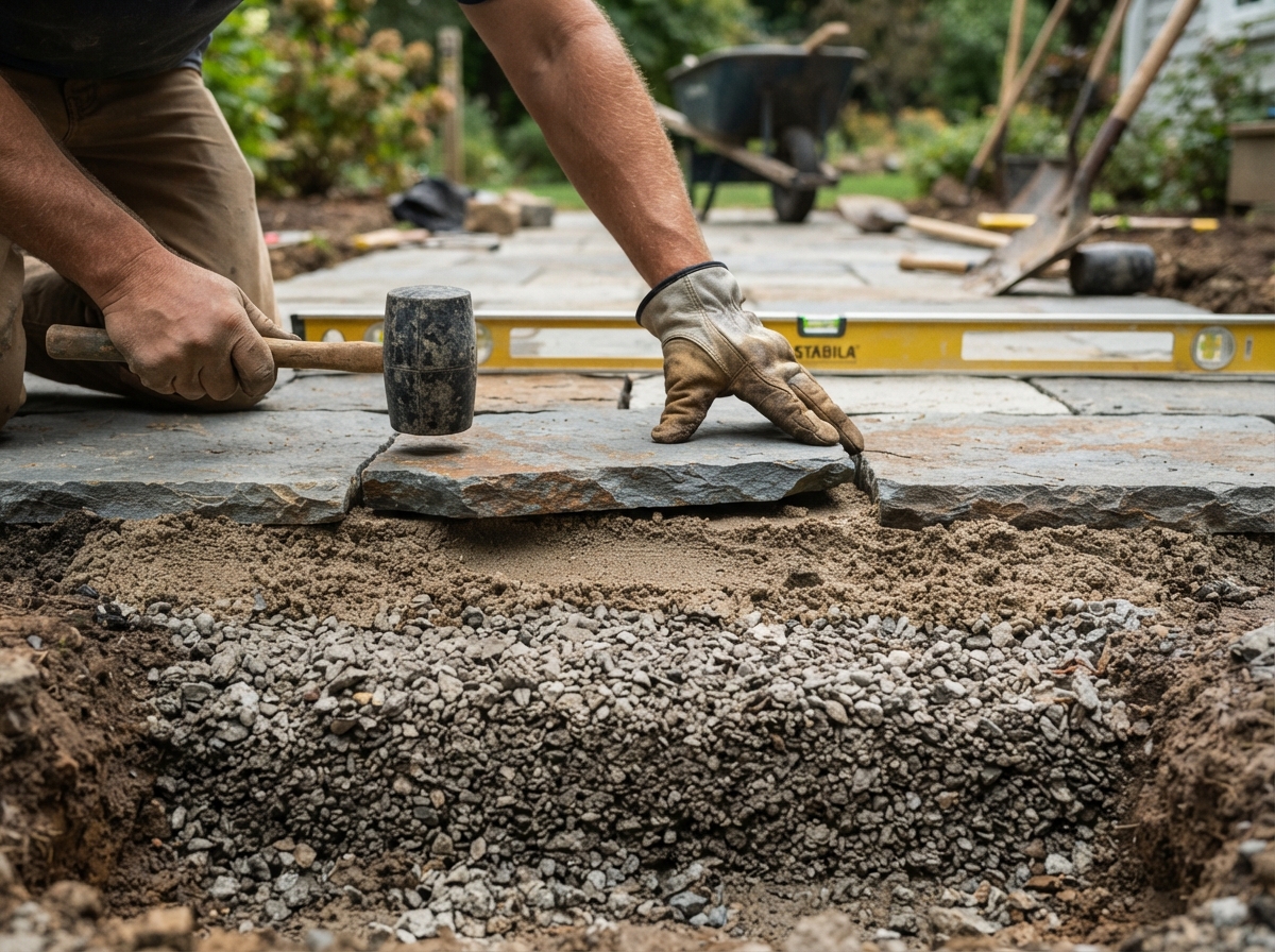 Detail shot of hand-laid stone base course construction