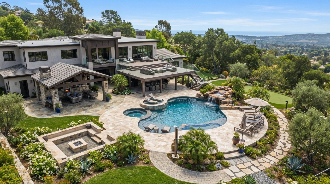 Completed multi-element backyard with patio, pool, and deck
