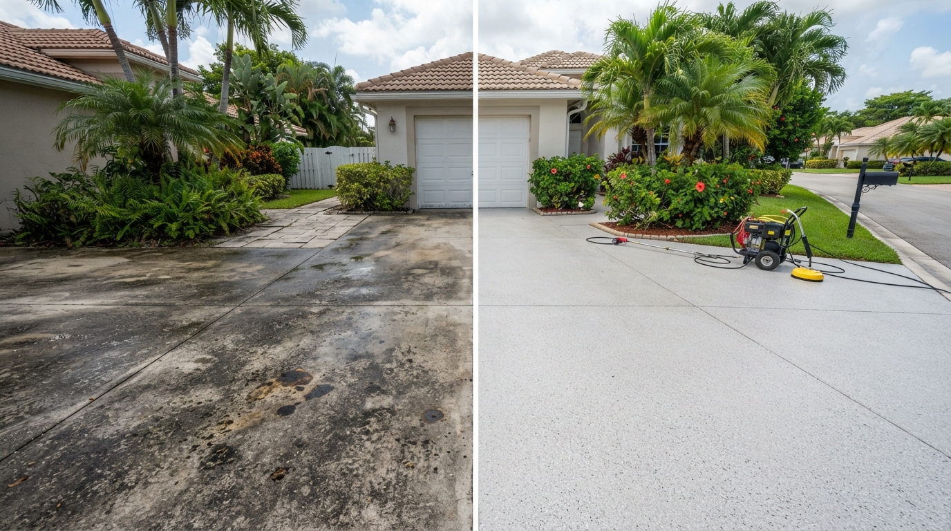 Before and after: Concrete Driveway Pressure Washing — Driveway Cleaning in Miami, FL by Spertex Pressure & Soft Wash
