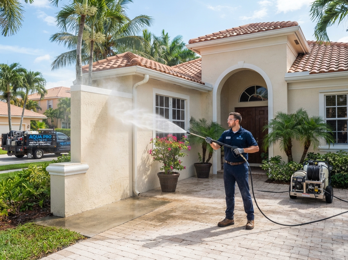 Spertex pressure washing technician cleaning a South Florida stucco home exterior with professional equipment