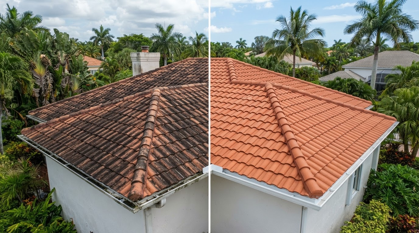 Before and after: Tile Roof Soft Washing — Roof Cleaning in Miami-Dade County, FL by Spertex Pressure & Soft Wash