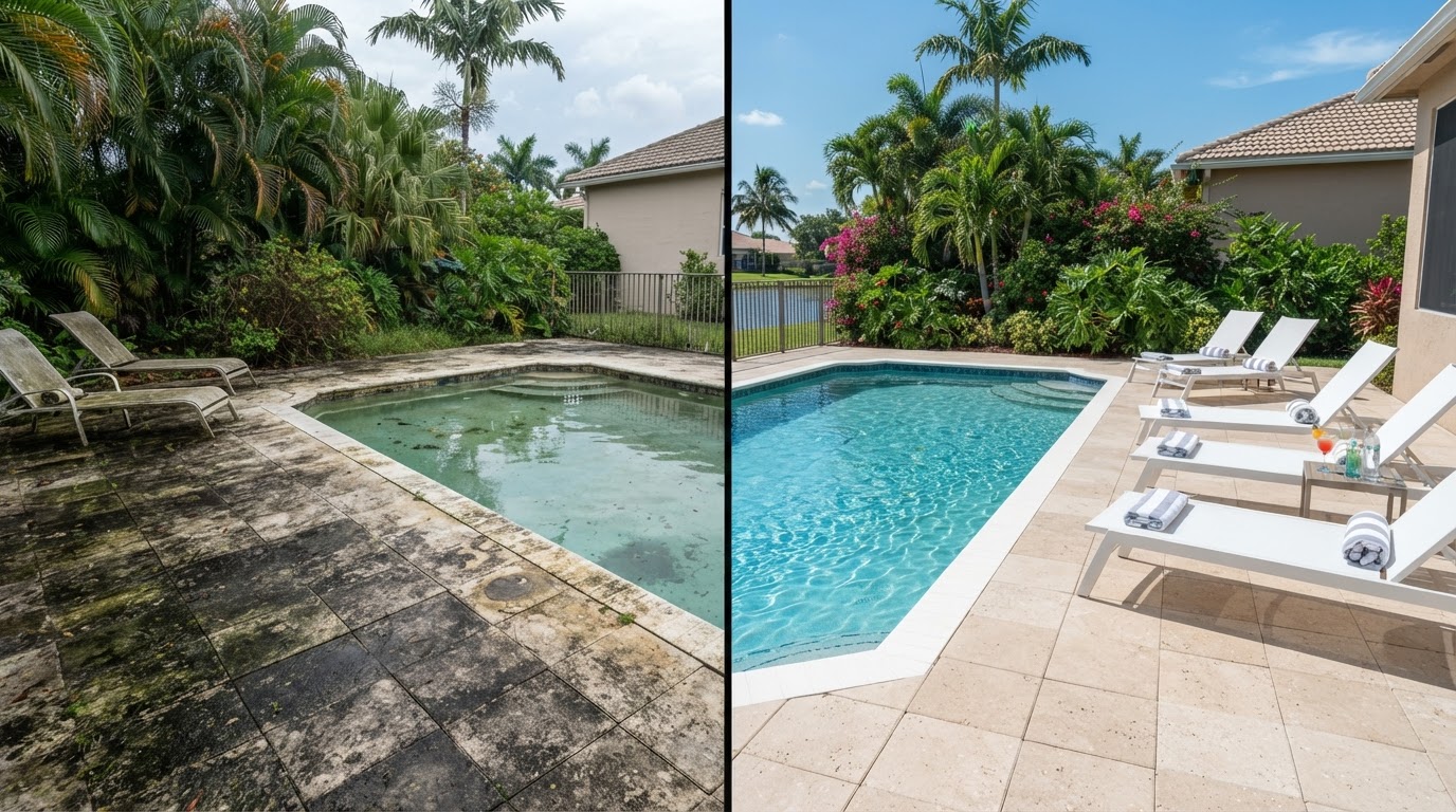 Before and after: Pool Deck Cleaning & Sealing — Pool Deck Cleaning in Pembroke Pines, FL by Spertex Pressure & Soft Wash