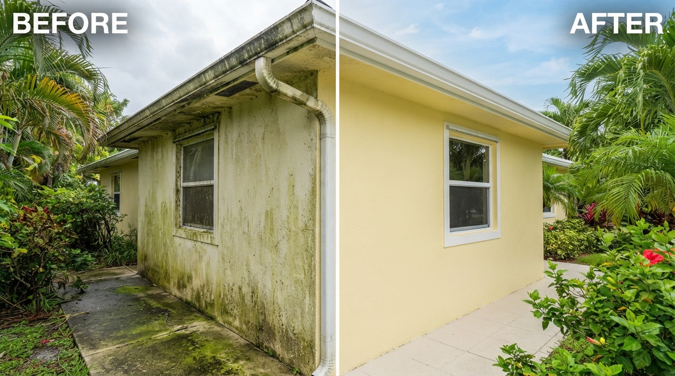 Before and after: Stucco House Soft Washing — House Washing in Coral Gables, FL by Spertex Pressure & Soft Wash