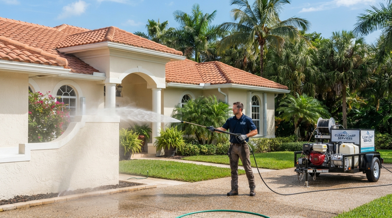 Spertex Pressure & Soft Wash professional pressure washing a South Florida home with stucco walls and tile roof