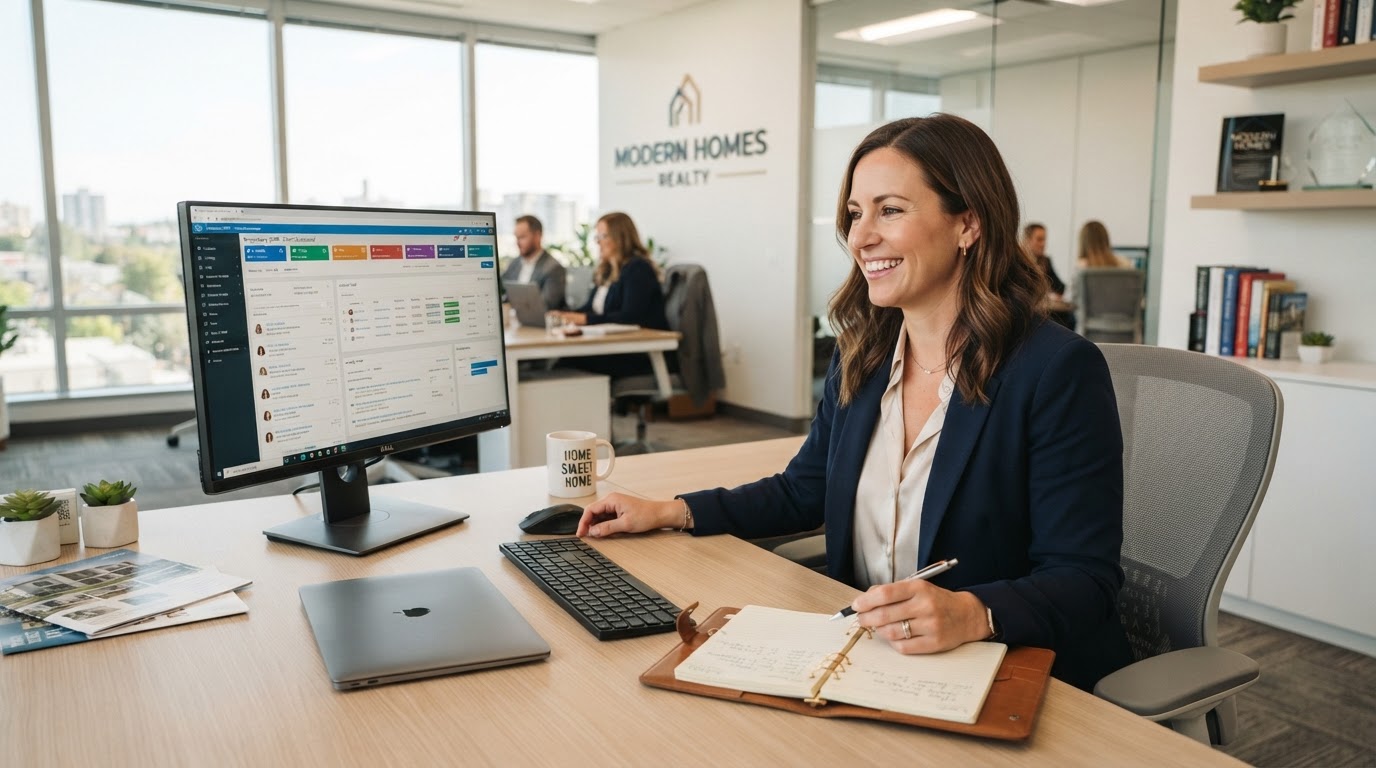 Realtor working at computer with CRM software