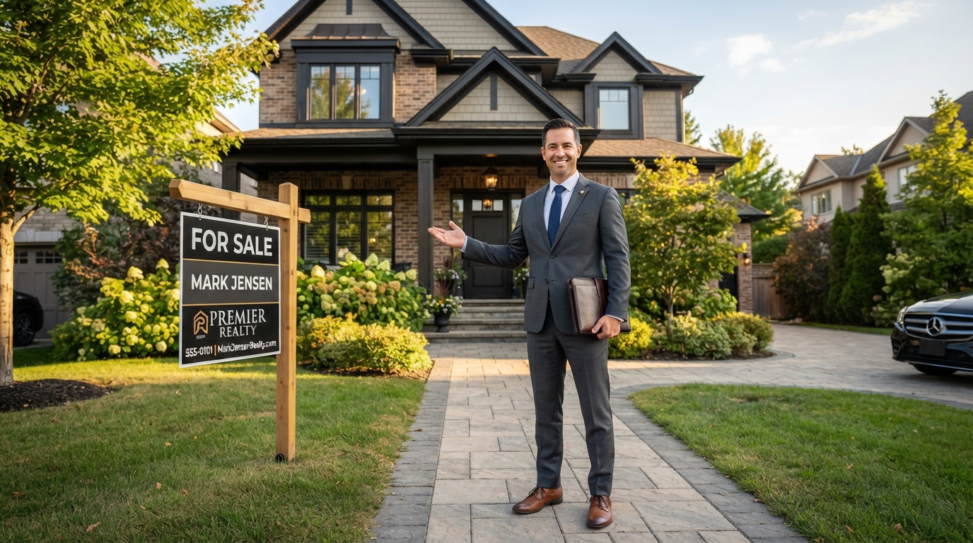 Real estate agent standing in front of home with for sale sign