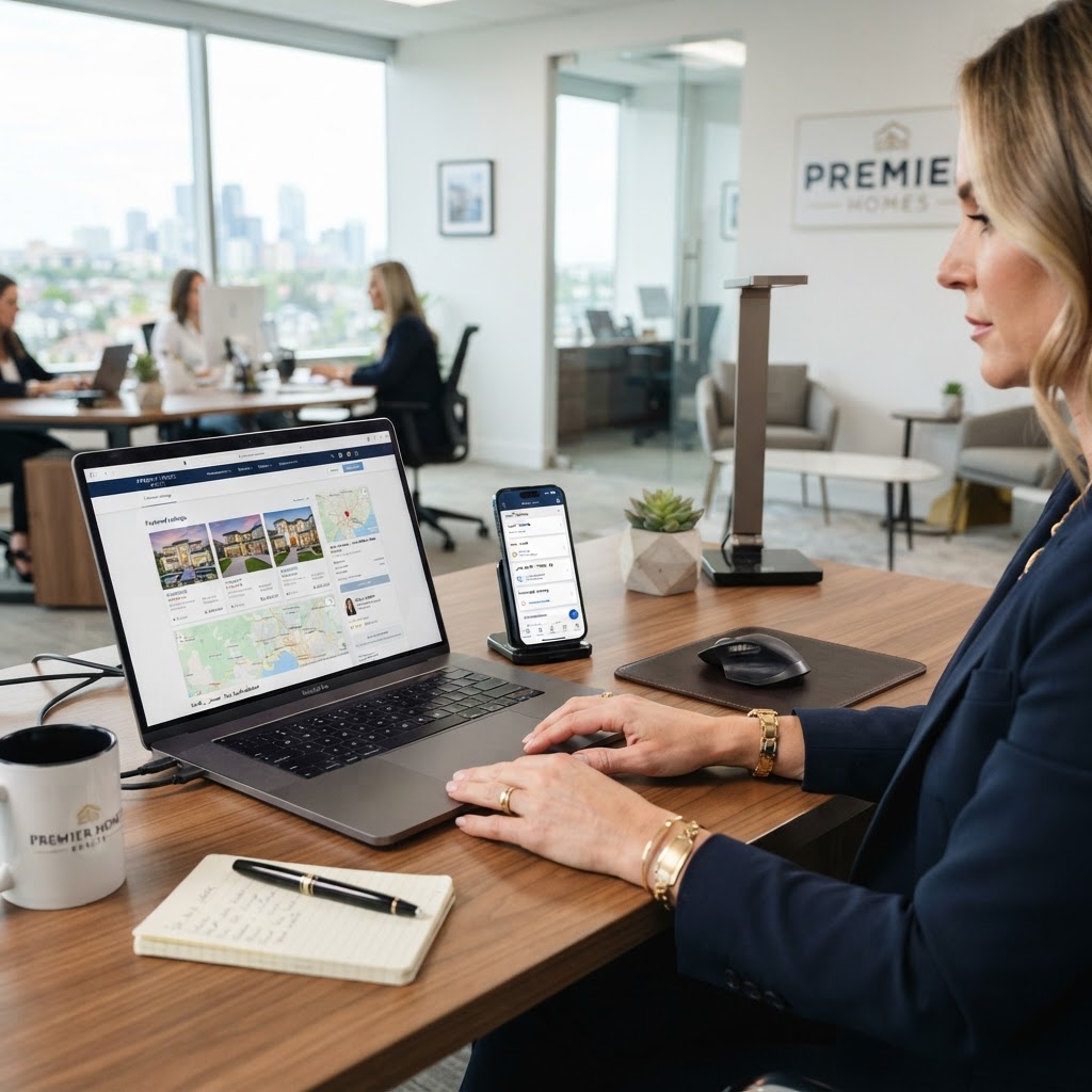 Real estate agent using mobile CRM with property listings