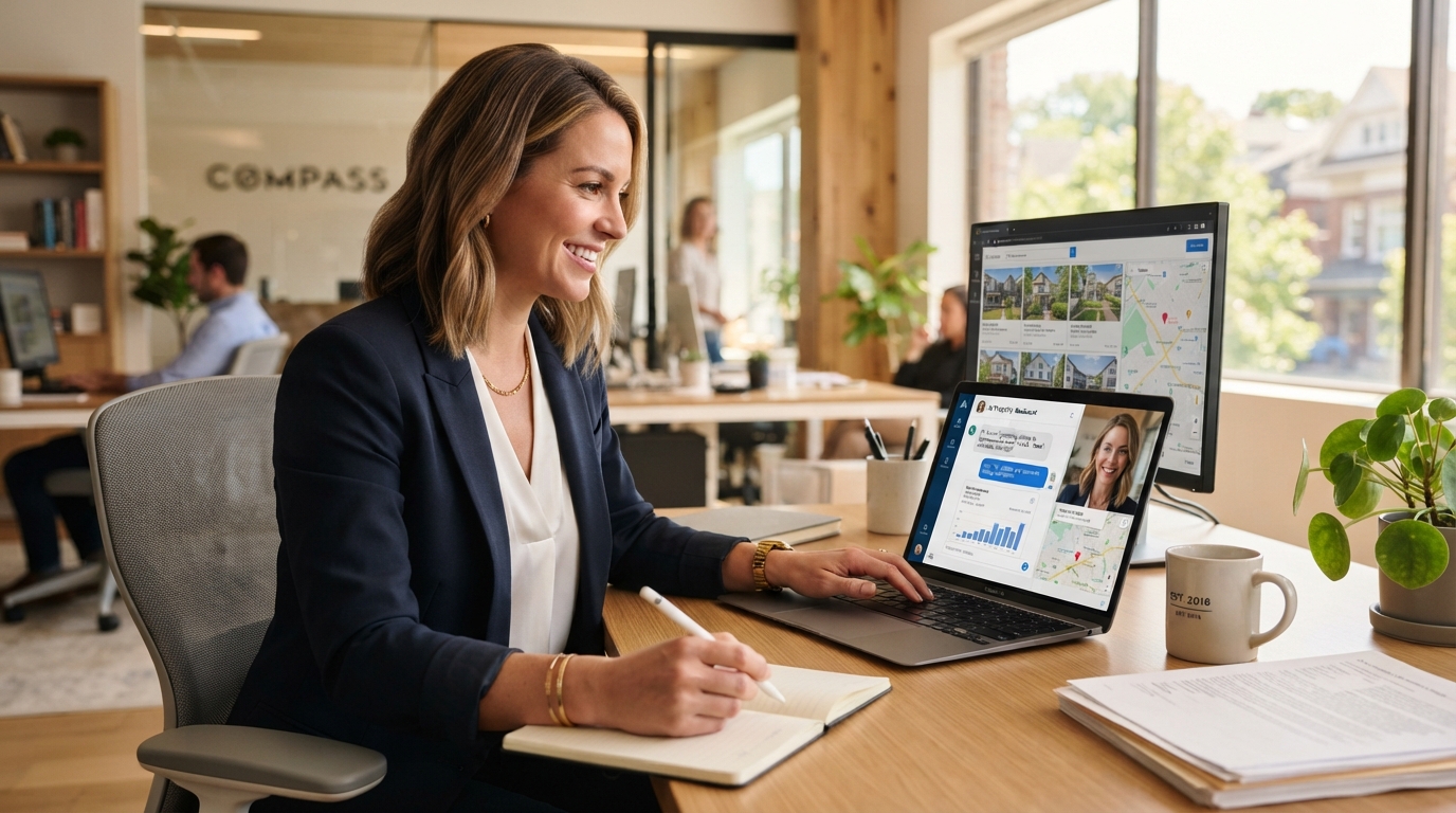 Real estate agent using AI-powered CRM at desk