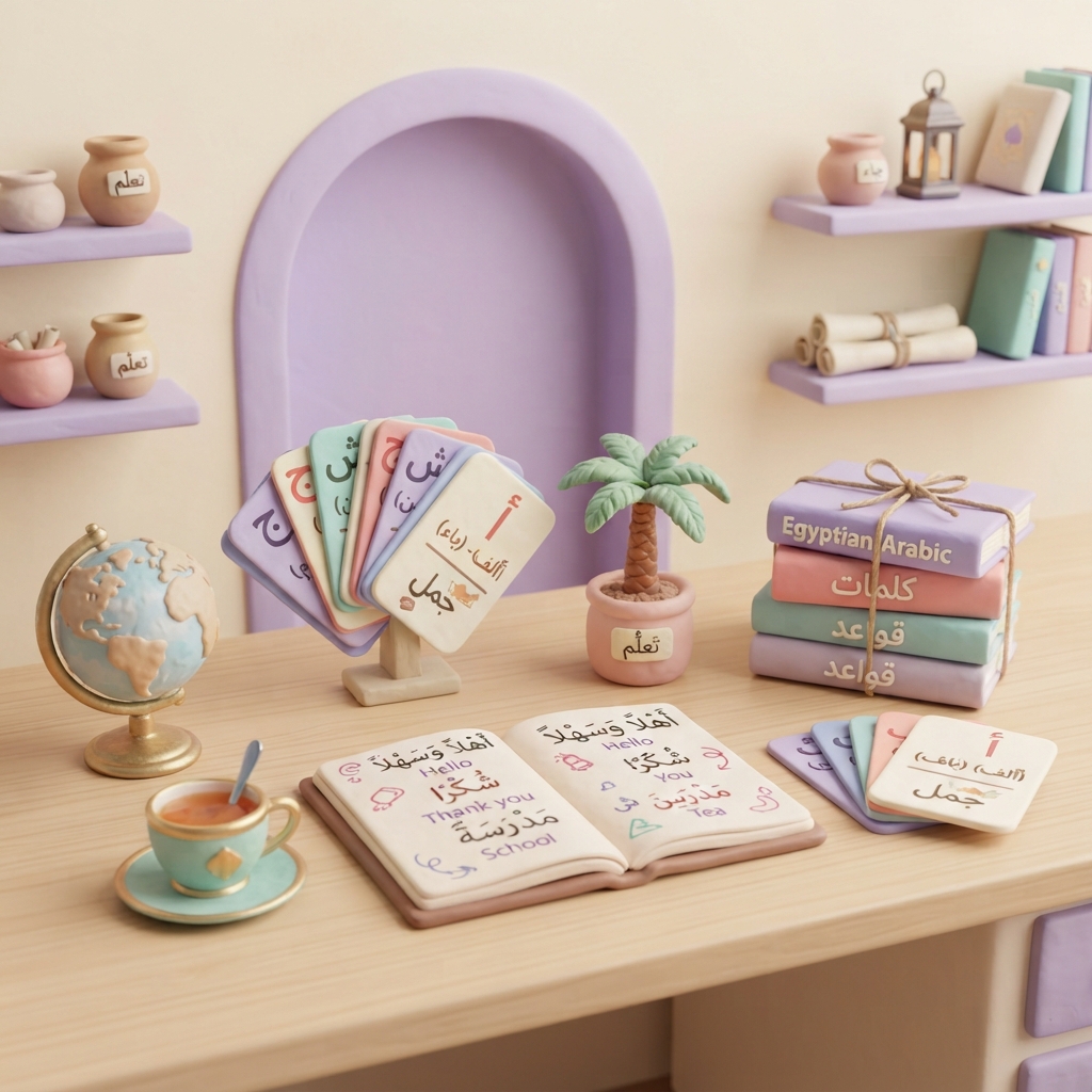 Clay-style Egyptian vocabulary learning scene