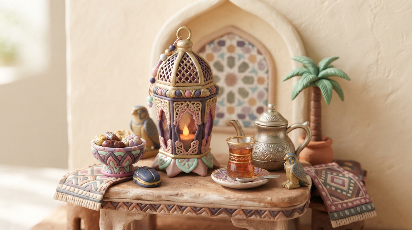 Egyptian lantern, tea glass and cultural objects