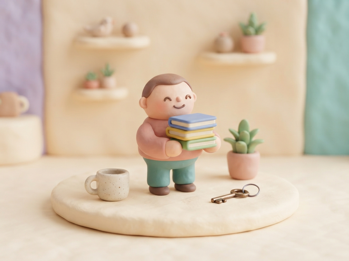 Clay-style student writing in a notebook with books, a cup, a plant and Arabic flashcards