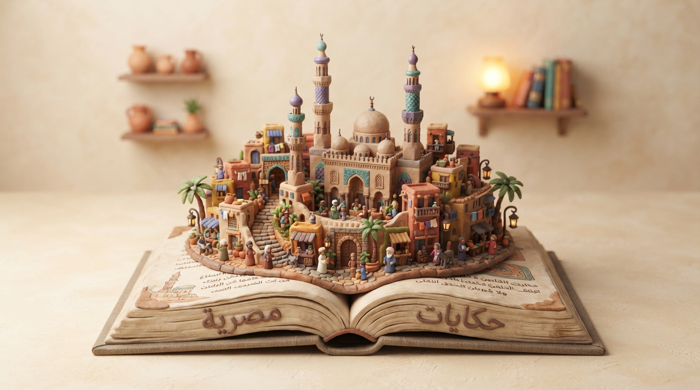 Clay-style Egyptian Arabic reading scene