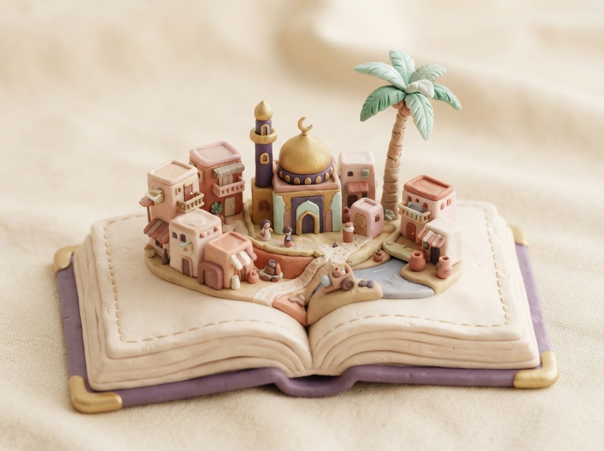 An open storybook with a small Egyptian city and palm tree rising from its pages