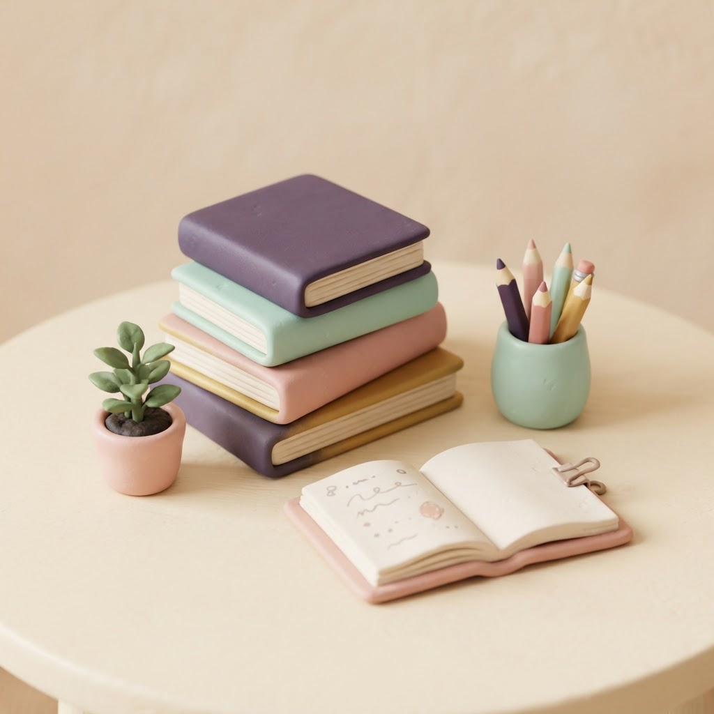 Stacked books, a notebook, pencil cup and small plant