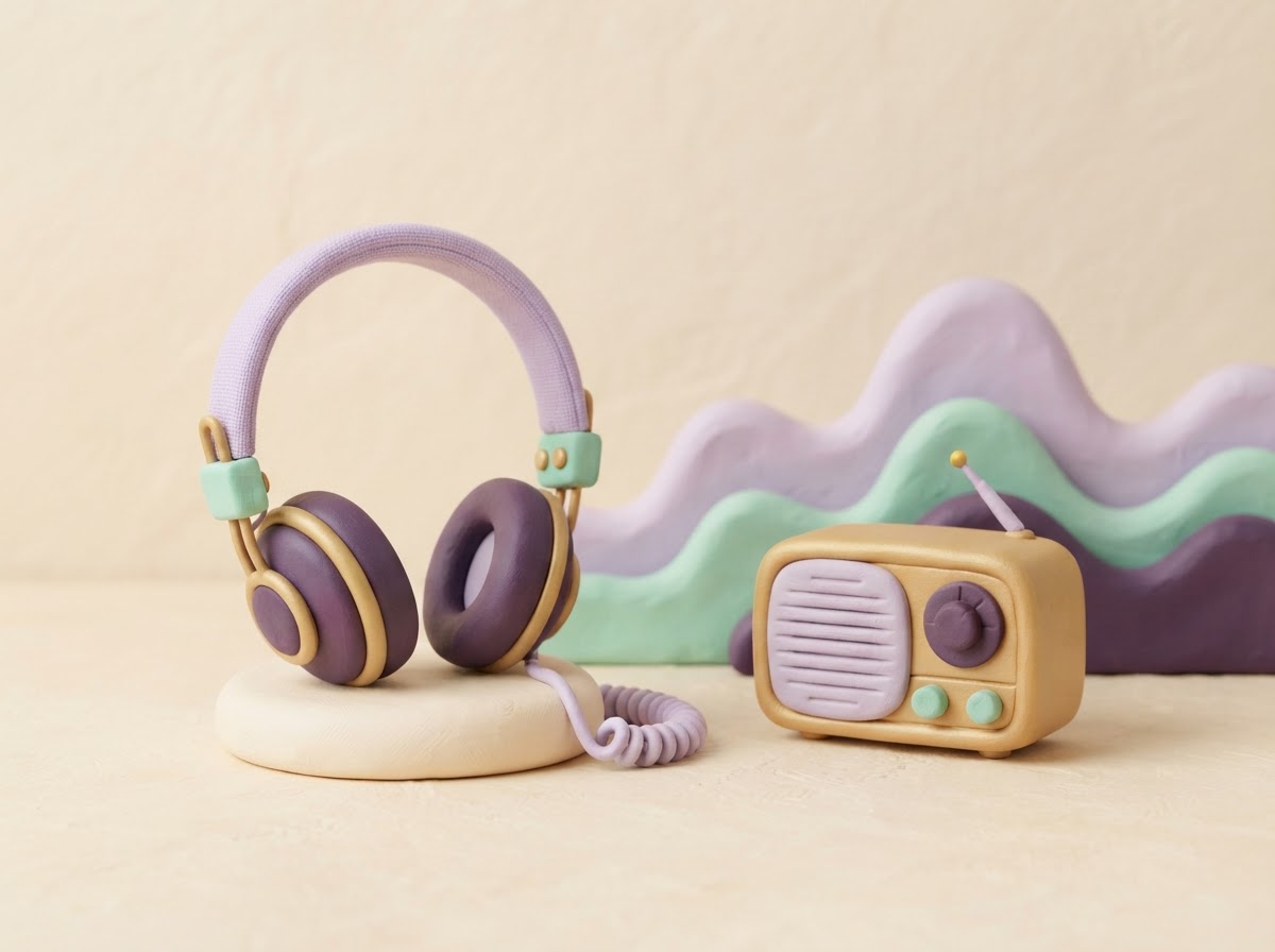 Retro headphones and a small vintage radio