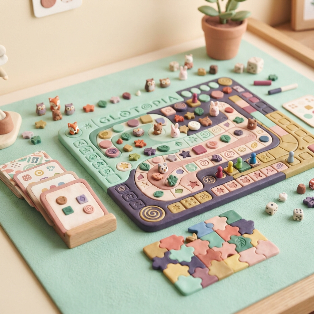 A playful game board with tokens and puzzle pieces