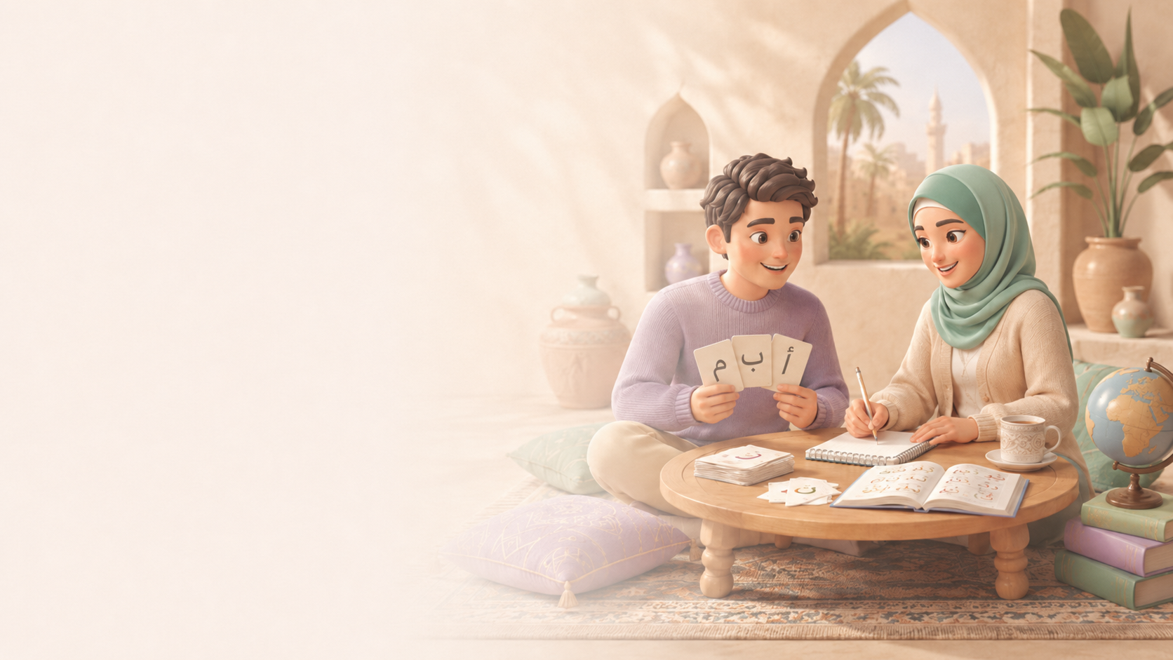Two Egyptian friends learning Arabic together at a table with books and flashcards