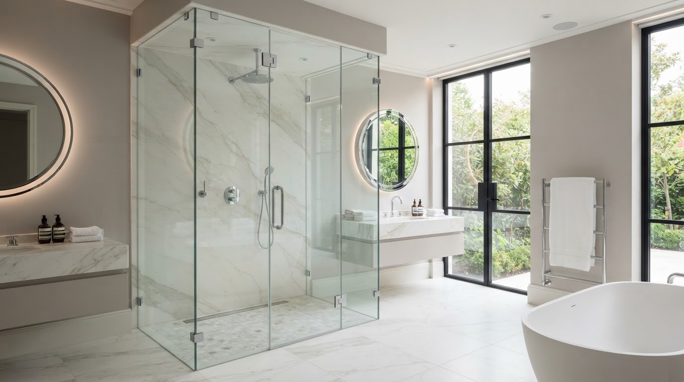 Luxury residential frameless glass shower enclosure