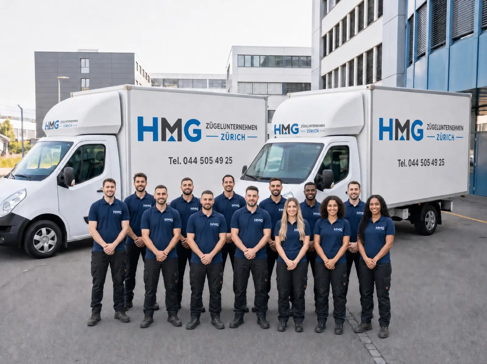 Das HMG Zügelunternehmen Zürich Team mit Fahrzeugen