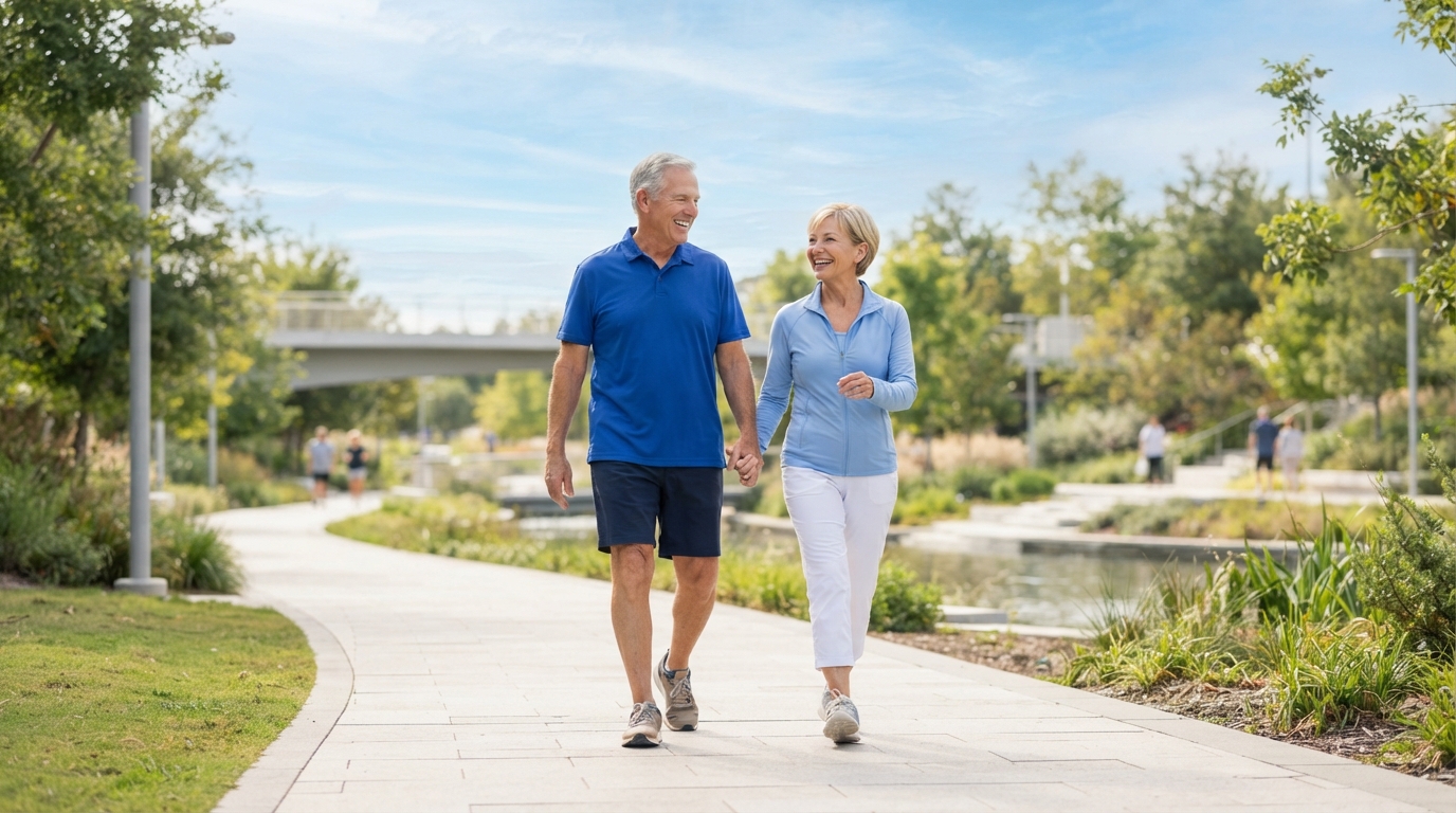 Active senior couple walking together — promoting healthy recovery after orthopedic surgery with Dr. Ali H. Sobh