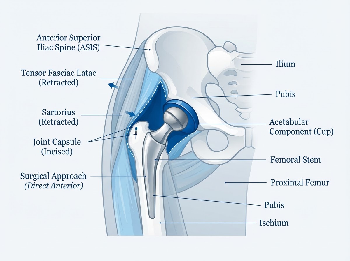 Direct Anterior Hip Replacement anatomical illustration
