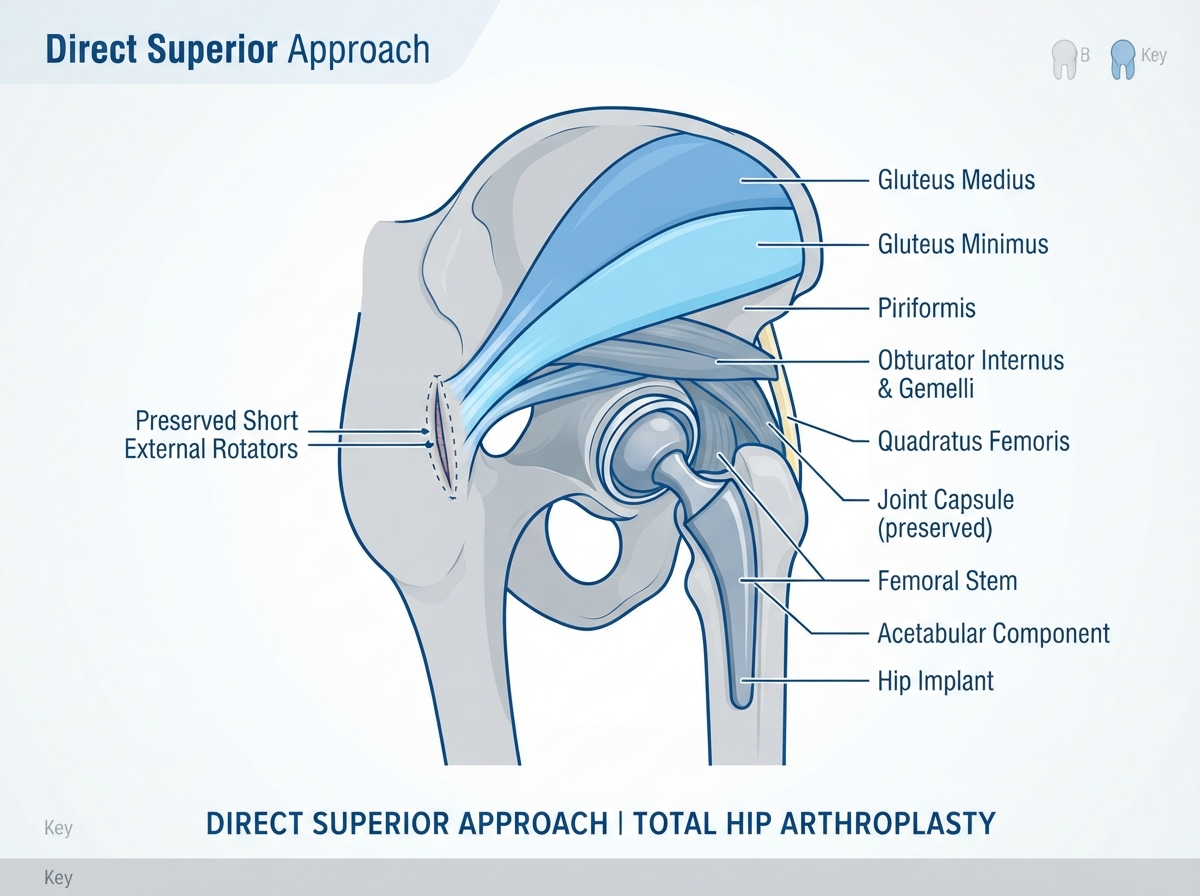 Direct Superior Hip Replacement anatomical illustration