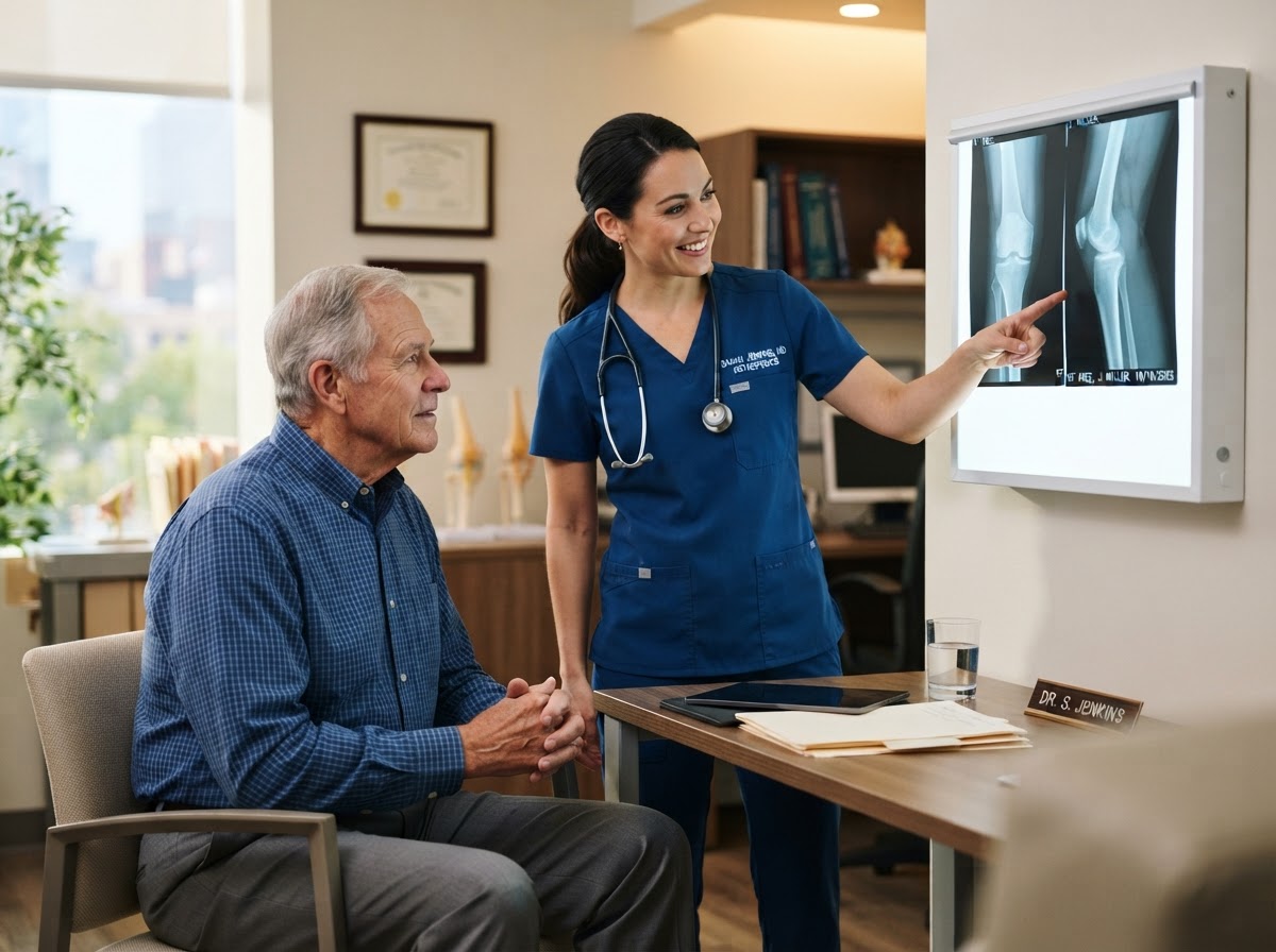 Dr. Ali Sobh reviewing knee X-ray with a patient in consultation
