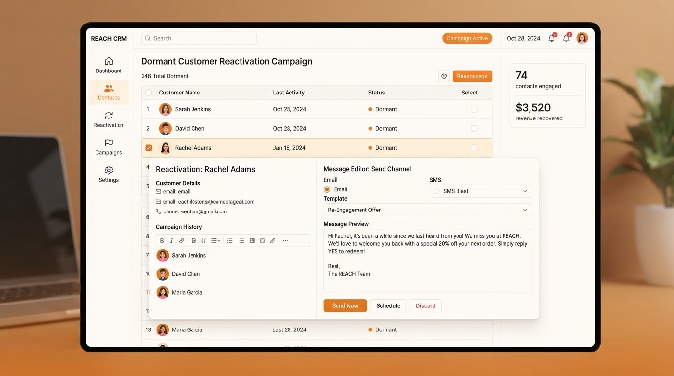 Demo of STRATX360 Reactivation: database segment selected, reactivation message sent, customer responds, qualification and booking or handoff