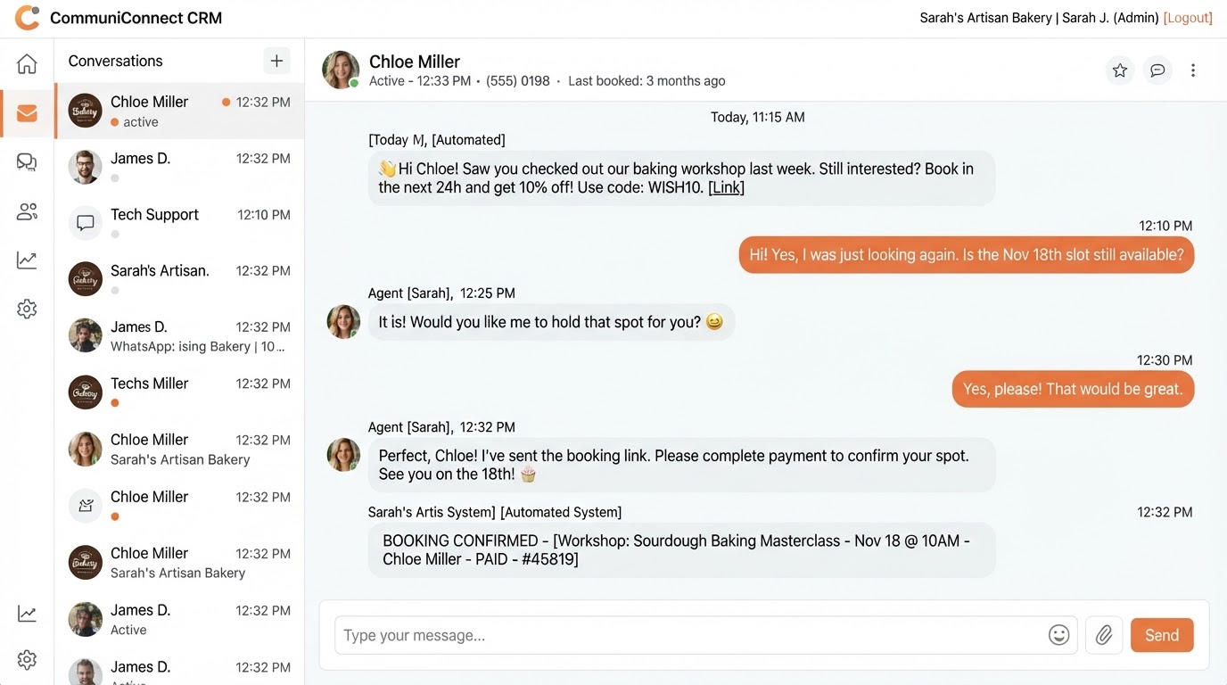 Demo of STRATX360 Booking: lead asks question, AI responds, availability appears, appointment booked, confirmation