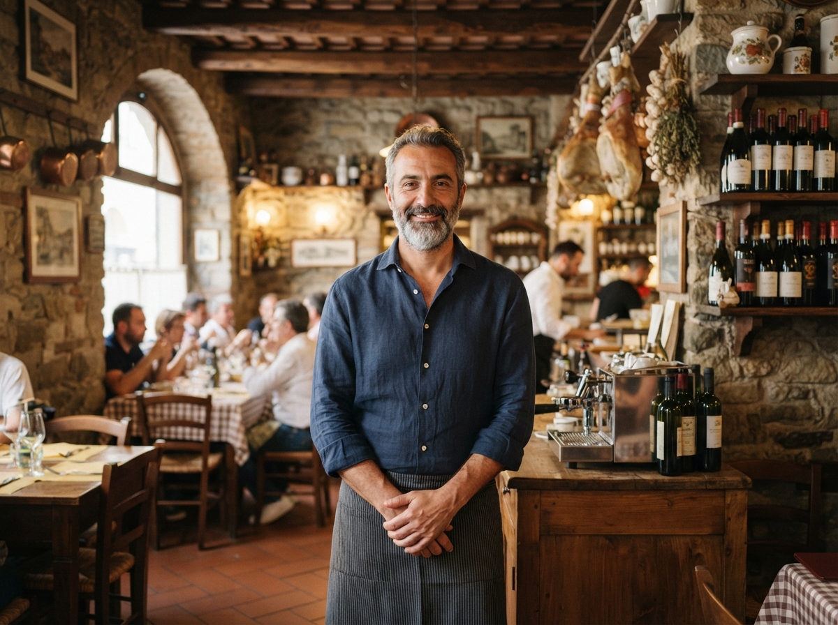 Titolare di attività locale italiano rilassato mentre il sistema lavora per lui