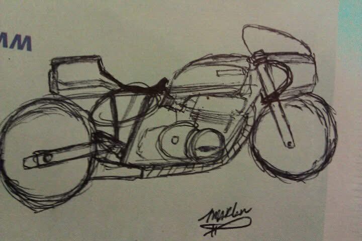 Original hand-drawn concept sketch for custom cafe racer design by Marlito
