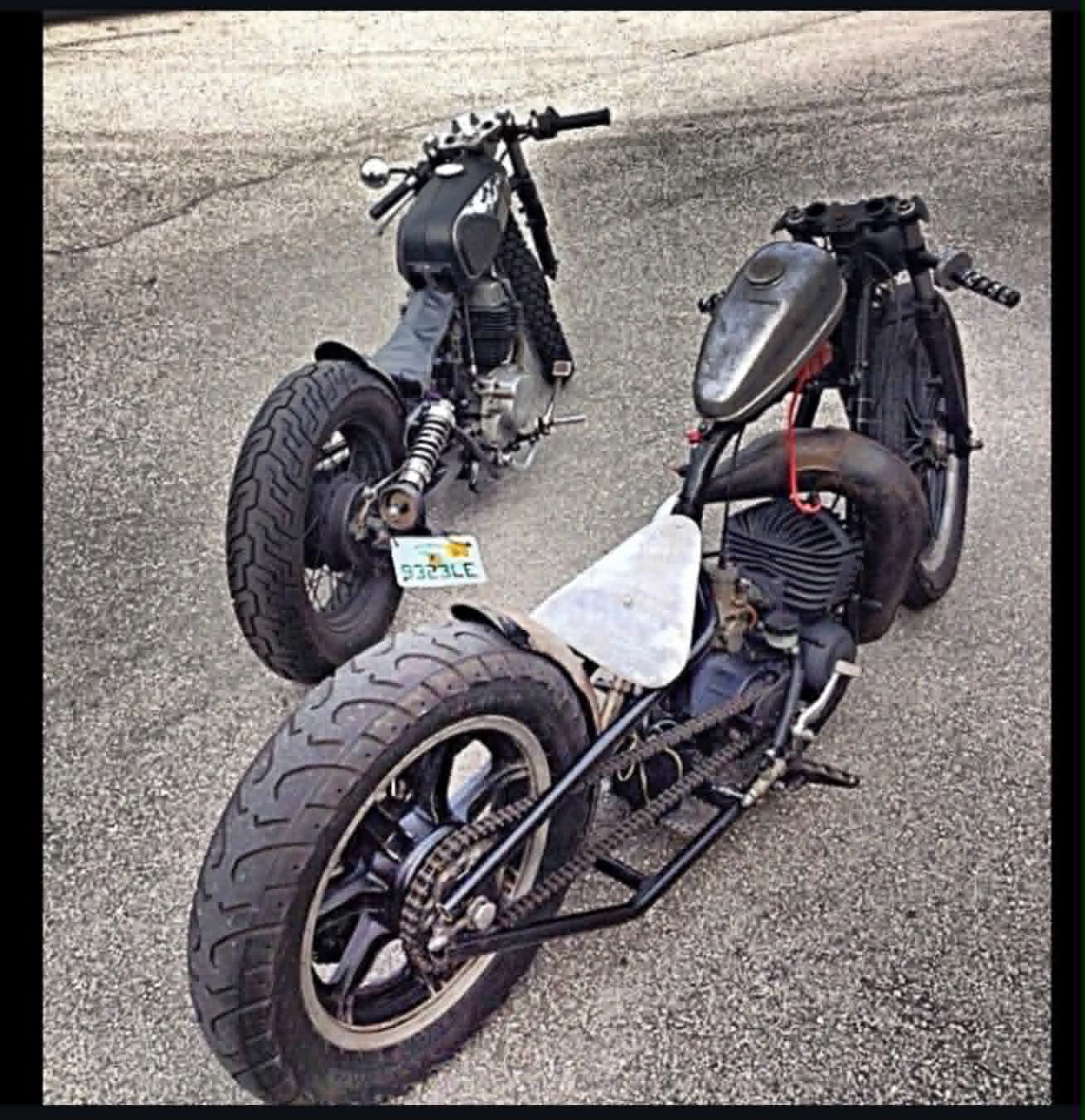 Twin matte black bobber motorcycles with exposed engines built by Marlito Motorcycles