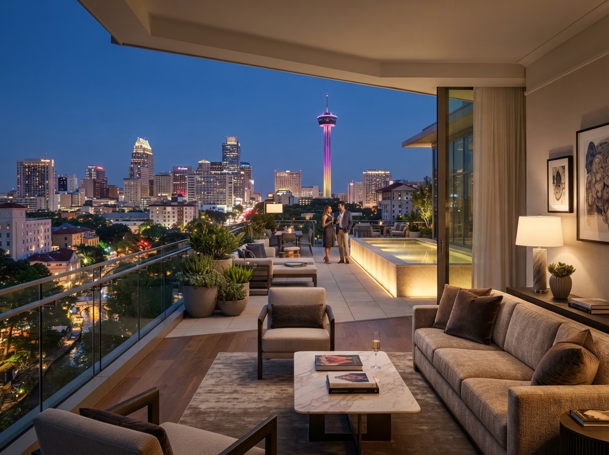 The Monarch Rooftop Bar skyline view in San Antonio