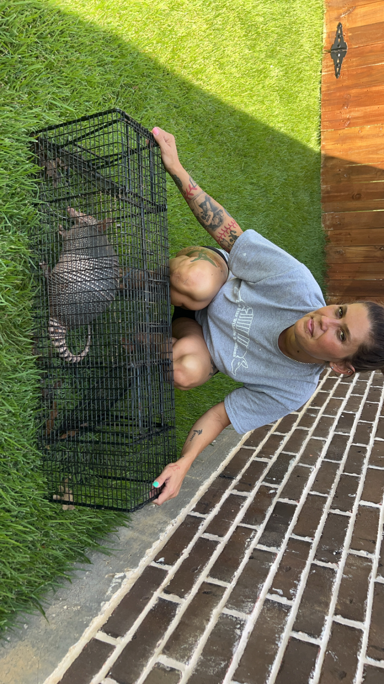 Woman kneeling on brick patio holding wire cage trap containing live captured armadillo with visible shell and claws inside enclosure