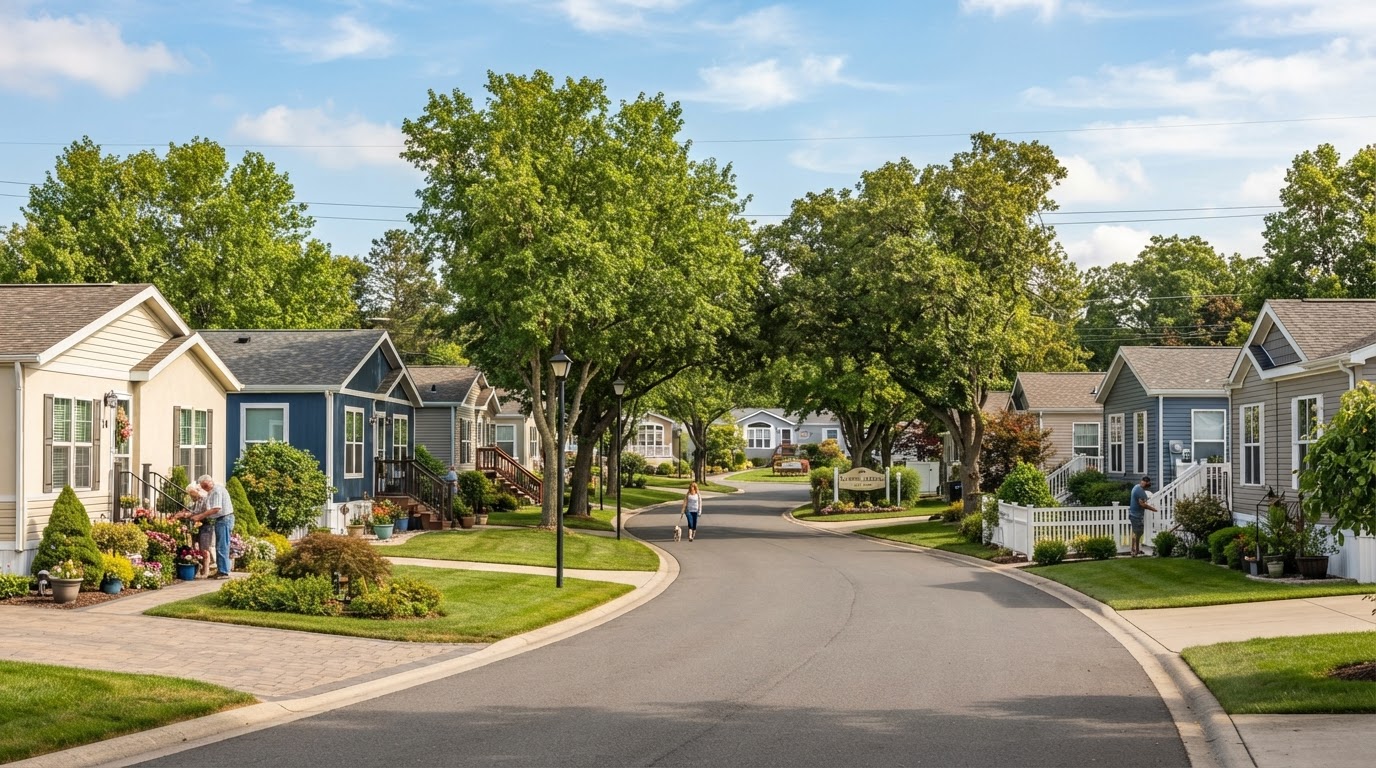 Manufactured home community with well maintained homes and landscaped yards