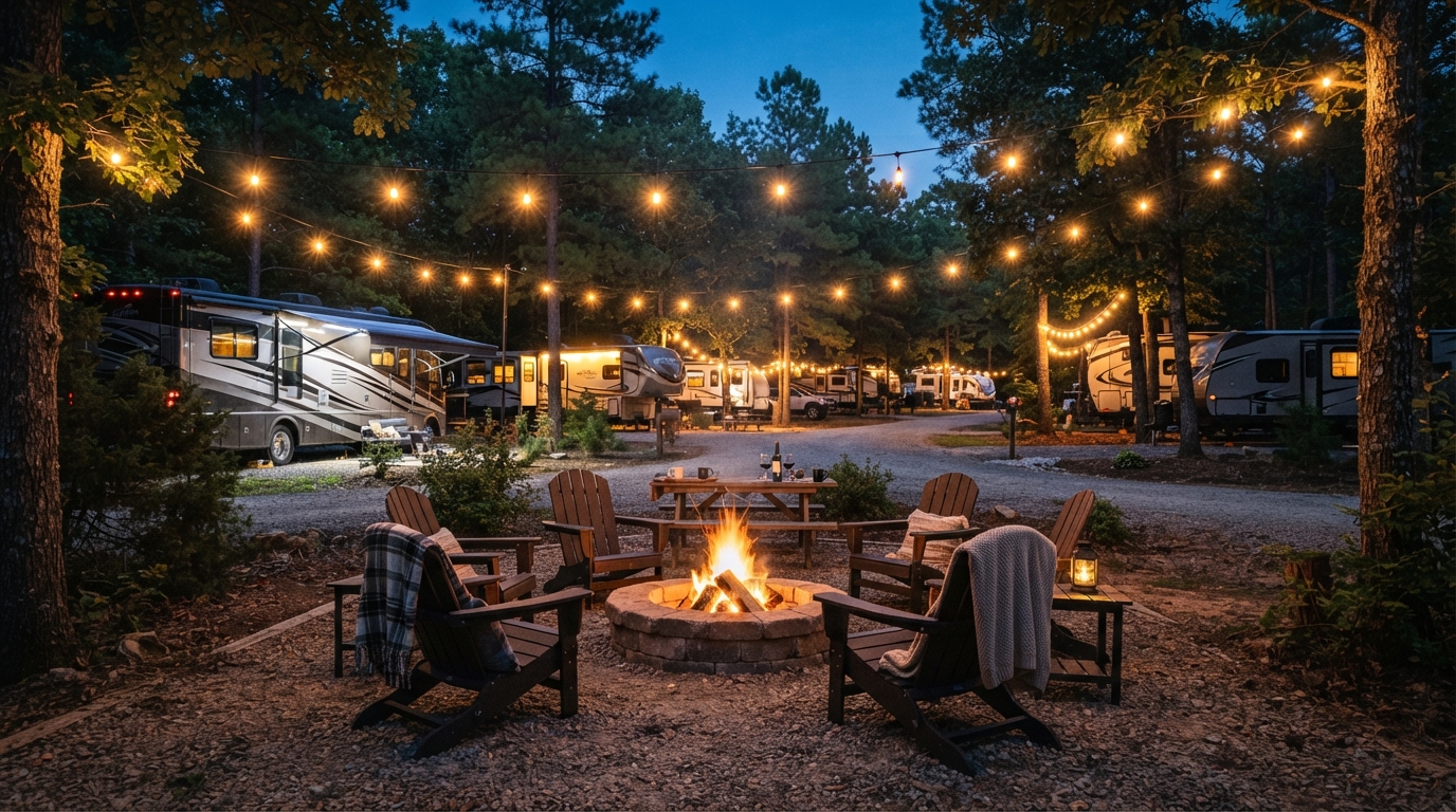 RV resort campground fire pit area with Adirondack chairs and string lights at dusk