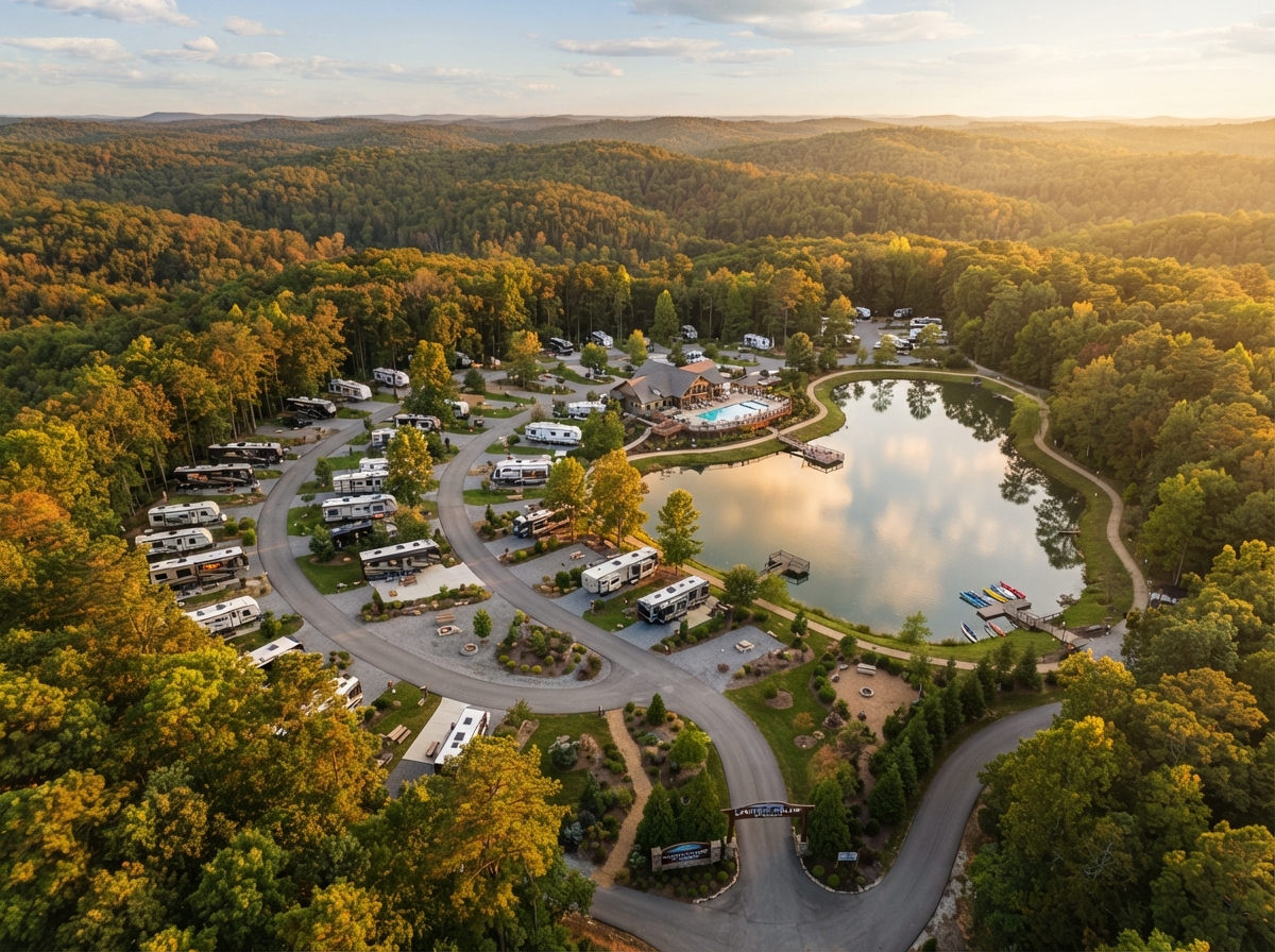 Aerial view of an RV park resort with mature trees and winding roads at golden hour