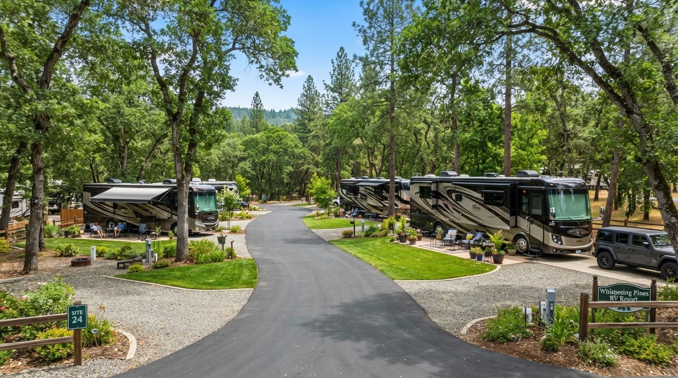 RV park with large RVs parked under mature shade trees along winding paved roads