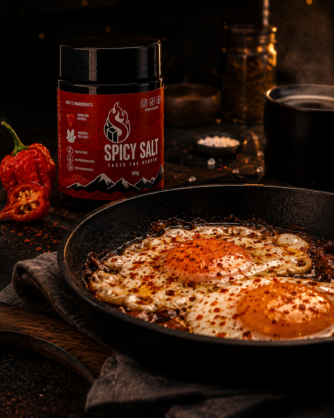 Spicy Salt seasoning on breakfast eggs for morning heat