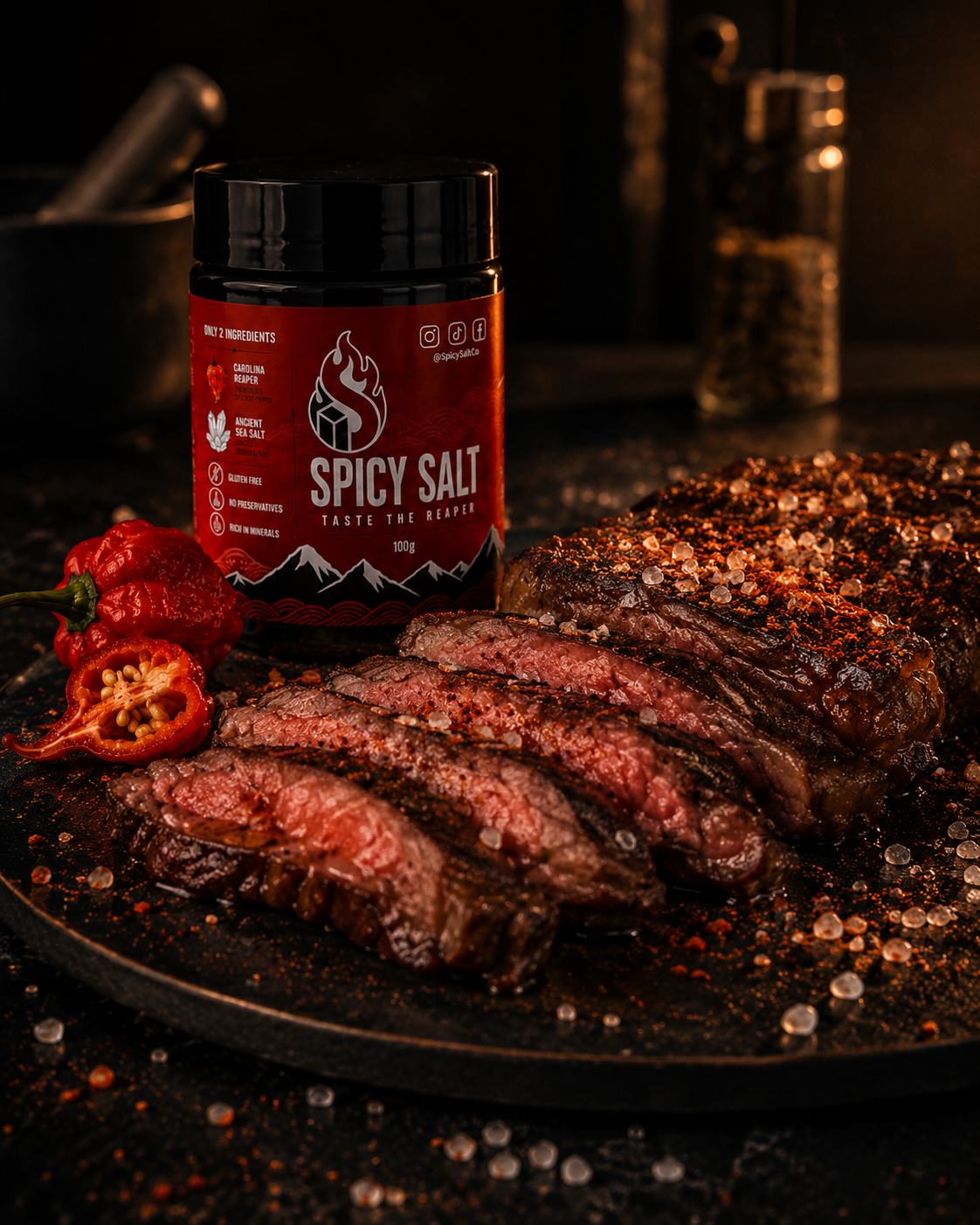 Spicy Salt sprinkled on a grilled steak as a finishing salt