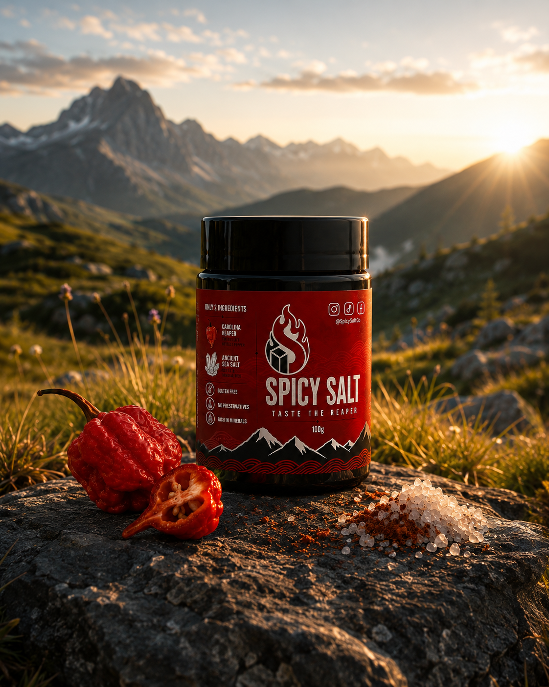 Spicy Salt jar in a mountain landscape — Carolina Reaper seasoning