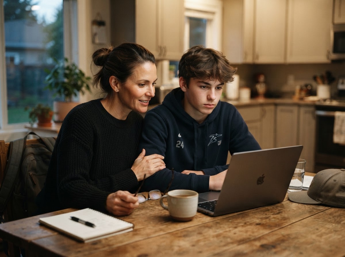 Parent and student-athlete reviewing recruiting information together
