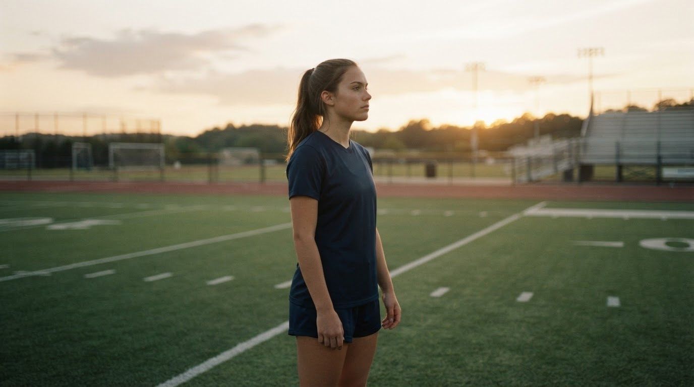 High school student-athlete on an athletic field at golden hour