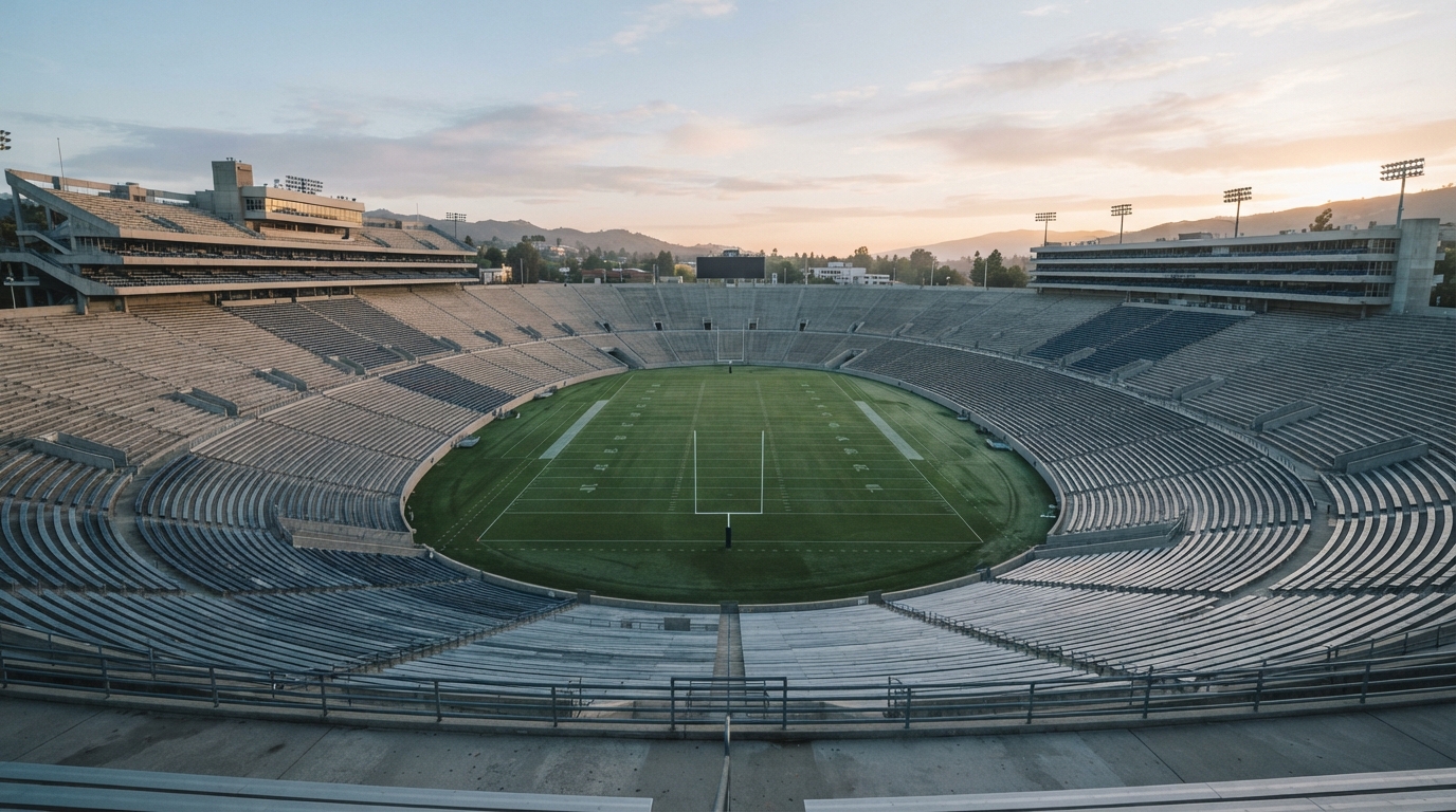 Empty college athletic stadium at dawn