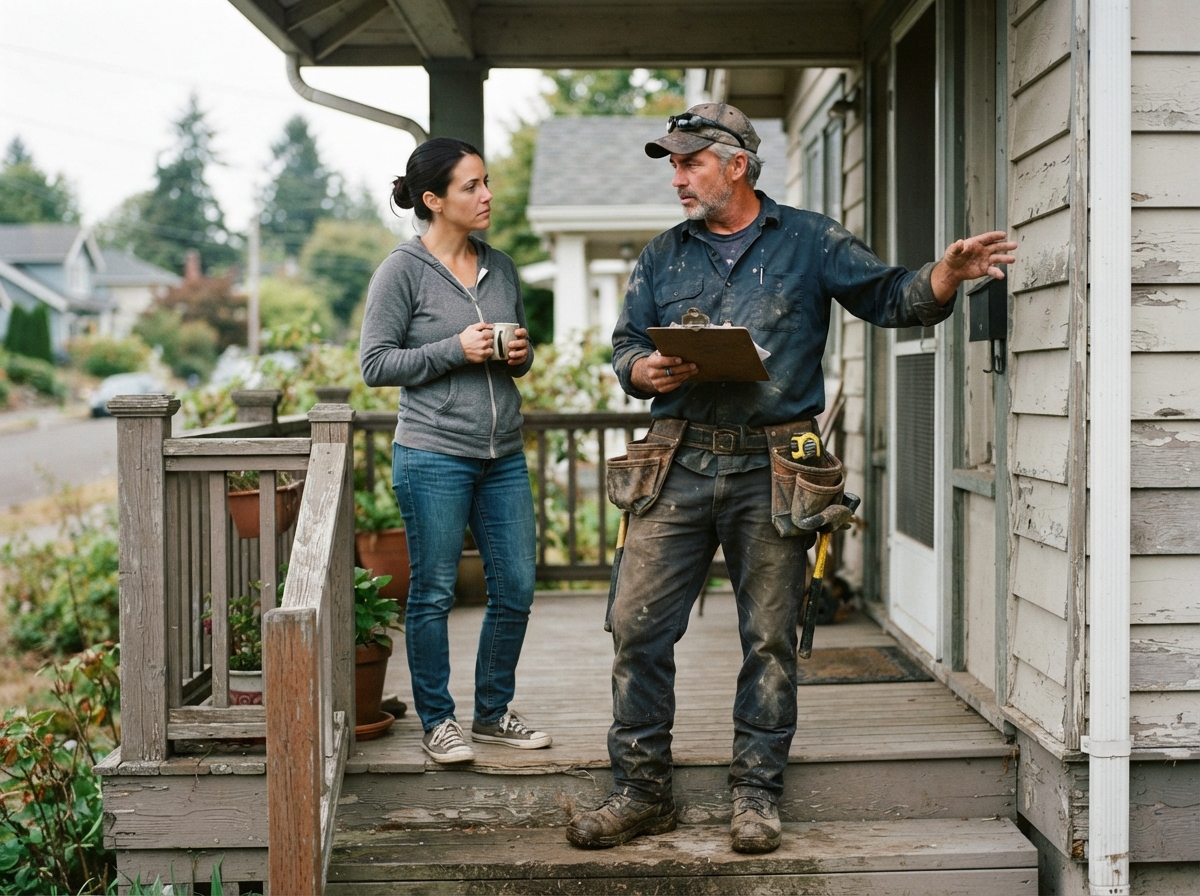 Tradesman talking with a homeowner on a residential porch