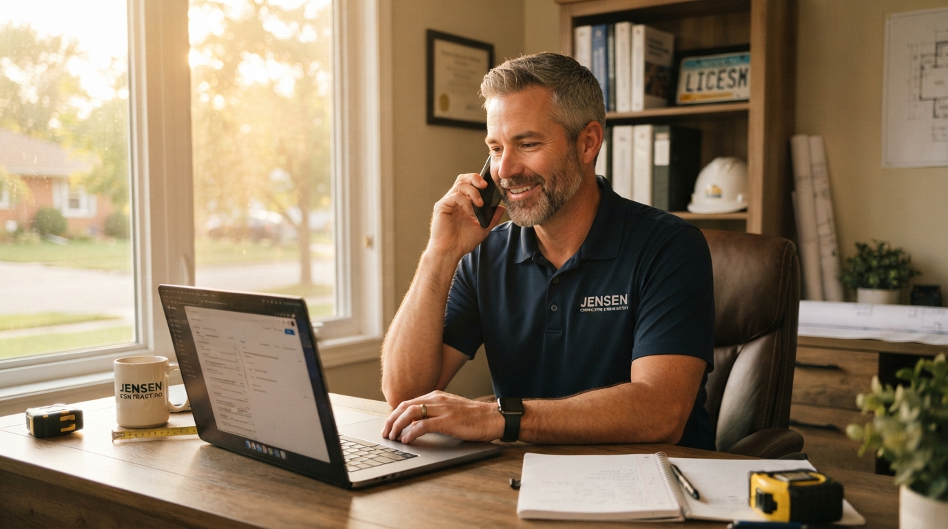 A relaxed contractor at his desk, confident he's covered