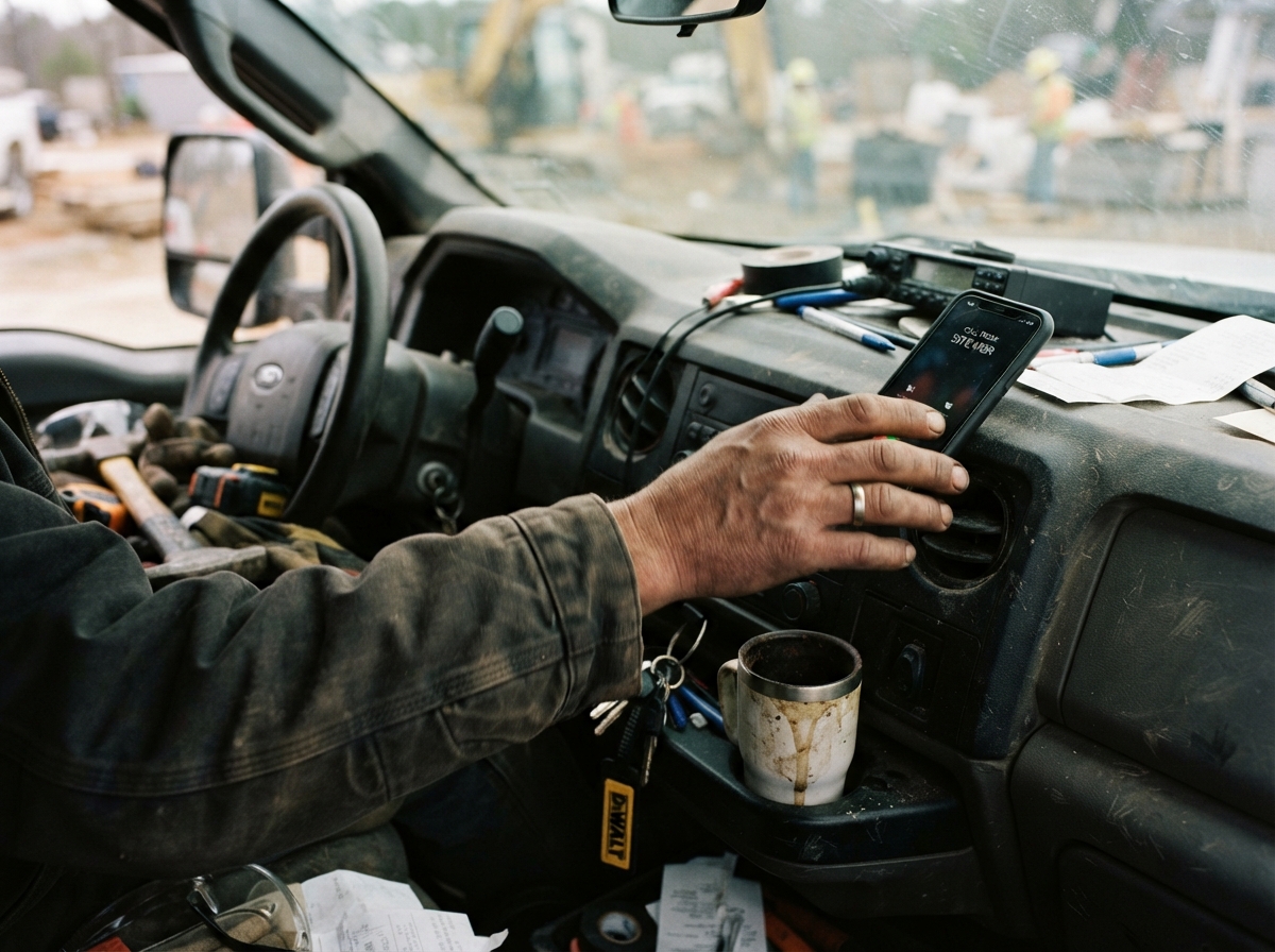 Contractor's hand reaching for a ringing phone on a work truck dashboard