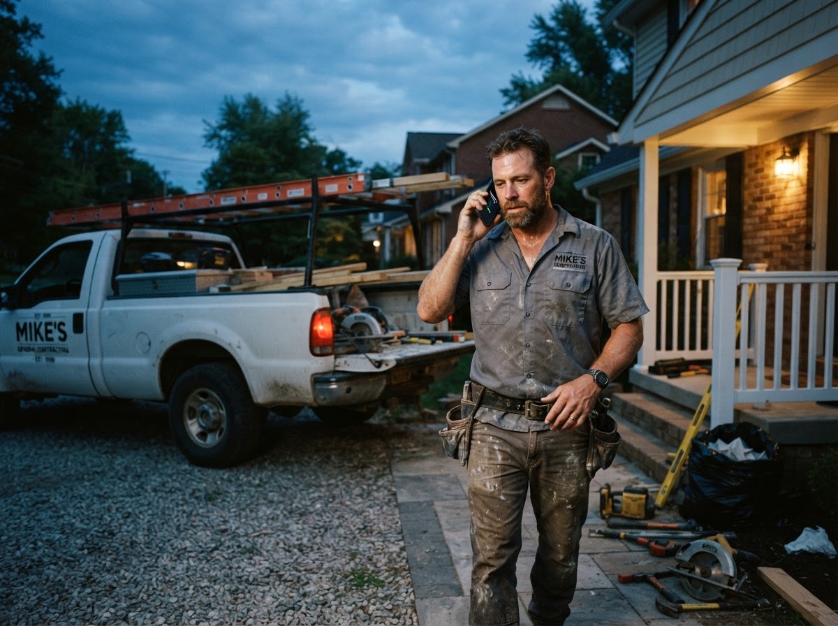 Contractor finishing a job near dusk with a phone ringing nearby