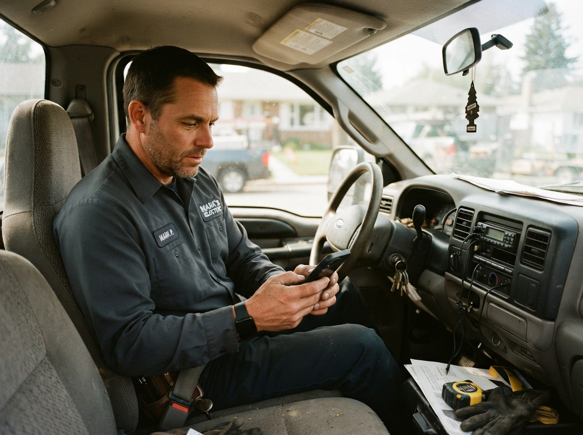 A tradesman reviewing his phone from his truck, confident help is available