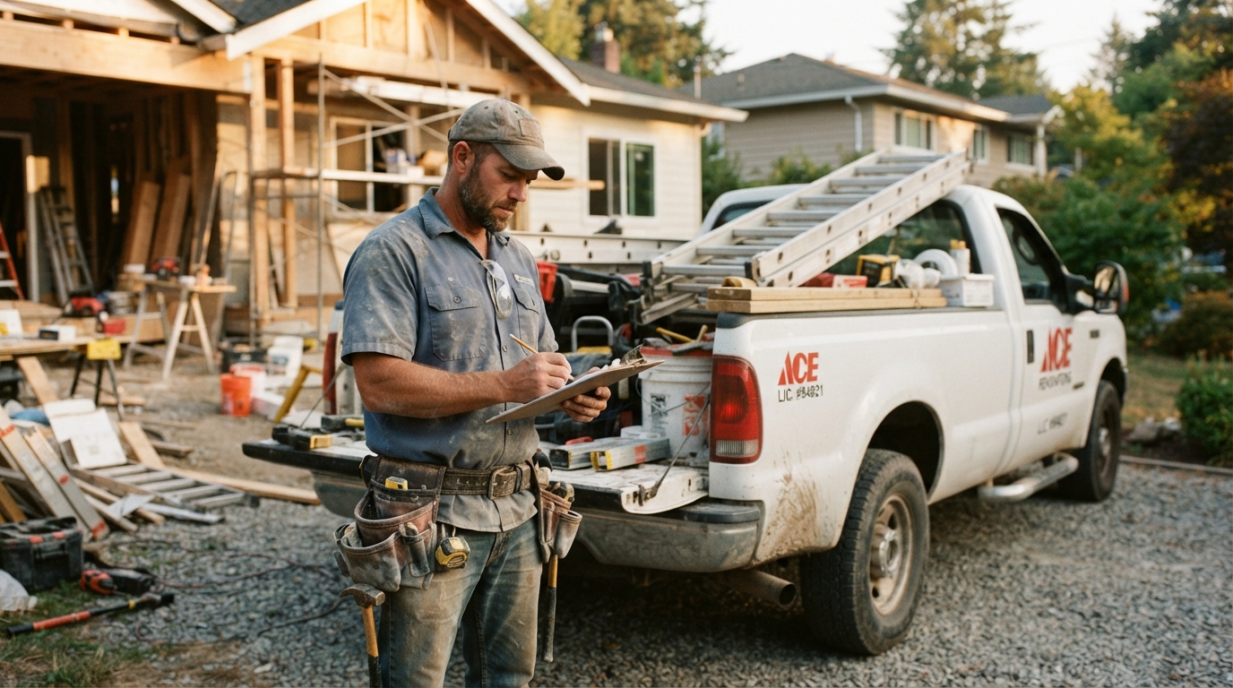Contractor standing beside his work truck at a residential job site in late afternoon light